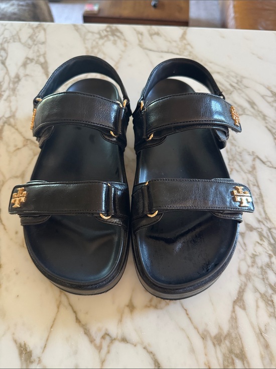 Tory Burch Shoes - Tory Burch Black Leather Double-Strap Logo Sandals with Gold Hardware 8M
